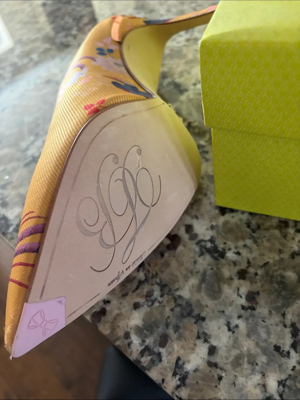 Ted Baker Yellow Satin Pointed-Toe Pumps with Blue & Pink Embroidered Bird Motif